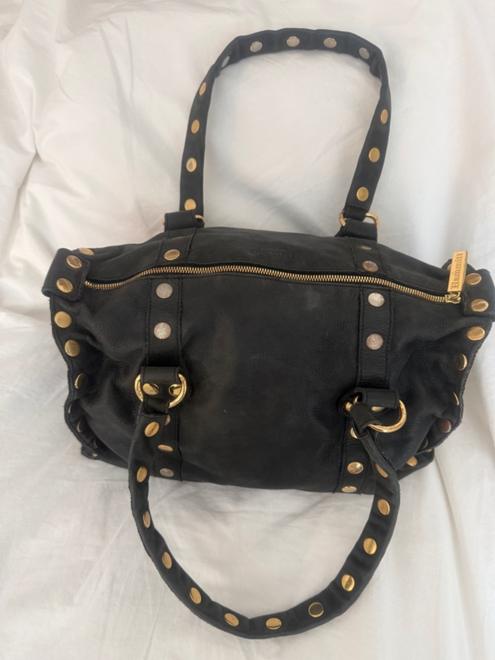 Hammitt  Black  Leather & Gold Medium Duffle Bag Purse 14” X 9” Add On Strap